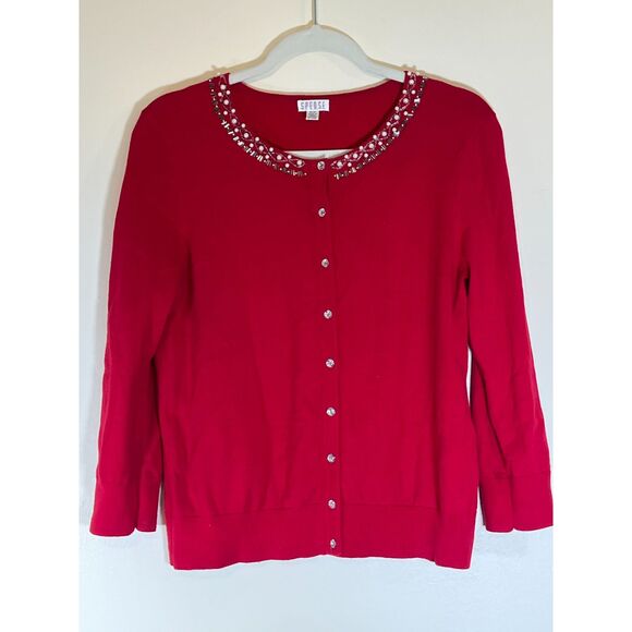 Women's Beautiful Red Jeweled Spense Button Down‎ Cardigan Size Medium - Picture 2 of 4